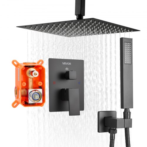 

VEVOR Duscharmatur Regenduschsystem fürs Badezimmer Duschsystem mit 305 mm quadratischen Regenduschkopf & Handbrause, wandmontierte Badezimmerarmaturen mit Messingventil & Zierset, Mattschwarz