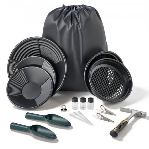 

VEVOR Goldwaschpfanne 10 & 14 Zoll, Goldwannenbecken aus PP, 19-tlg. Tragbar, mit Klassiersieben, Sandmagnet, Steinhacke, Schaufeln, Rucksack und Zubehör, Gold Waschpfanne Tray Kit, Schwarz