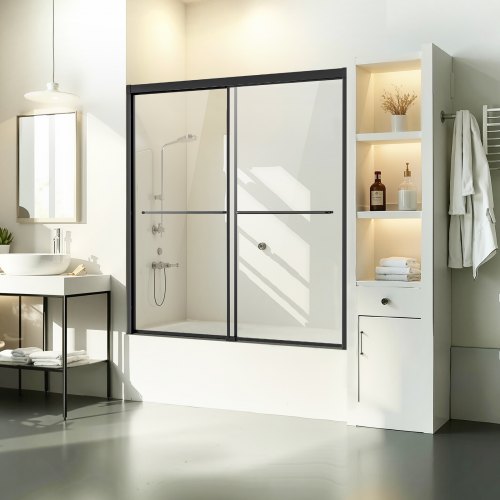 VEVOR Badewannen Duschtür (1422-1524 x 1524 mm / B x H) halbrahmenlose Schiebetür für die Badewanne, halbrahmenlose Bypass-Wannentür mit 1/4 Zoll bruchsicherem gehärtetem Glas und Edelstahlgriff