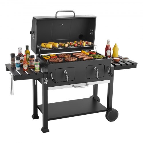 VEVOR Holzkohlegrill 0,50 m² Kohlegrillwagen mit 2 Anhebbaren Holzkohleschalen und Klappbaren Seitentischen, Hitzebeständiger, Pulverbeschichteter Stahlgrill für Terrassen- und Gartenpartys