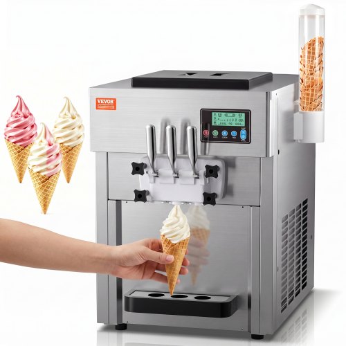 VEVOR Kommerzielle Eismaschine, 1800 W, 3-Geschmacksrichtungen, Softeismaschine Arbeitsplatte, 2 x 4 L Trichter, 2 x 1,8 L Zylinder, LCD-Bildschirm, Automatische Reinigung, Vorkühlung