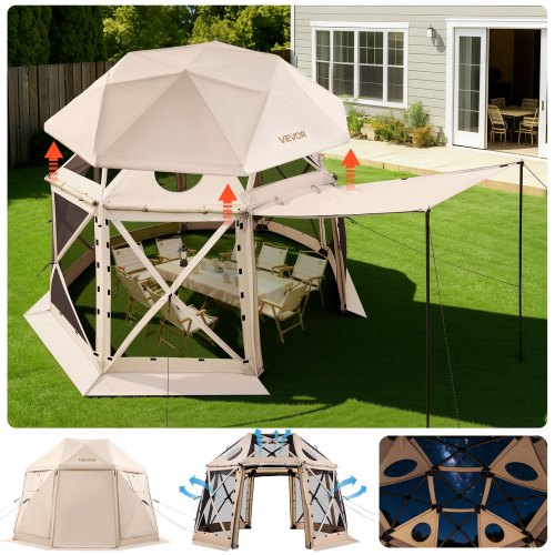 

VEVOR Pop-up-Pavillon 3,6 x 3,6 m, 13-seitiges, kugelförmiges Campingzelt mit abnehmbarem Dach & Tragetasche, 360°-Belüftung Sonnenschutz, Partyzelt für 8–10 Personen, Beige