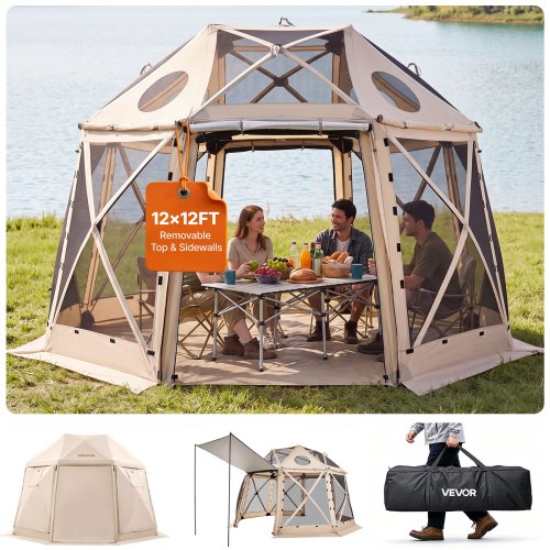 VEVOR Pop-up-Pavillon 3,6 x 3,6 m, 13-seitiges, kugelförmiges Campingzelt mit abnehmbarem Dach & Tragetasche, 360°-Belüftung Sonnenschutz, Partyzelt für 8–10 Personen, Beige