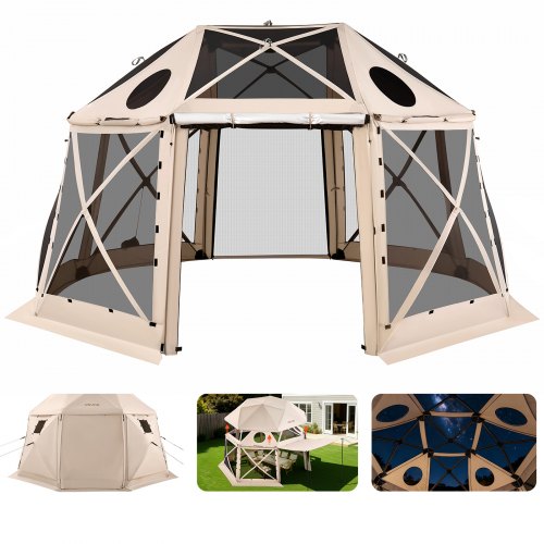 VEVOR Pop-up-Pavillon, 4,57 x 4,57 m, 13-seitiges, kugelförmiges Campingzelt mit abnehmbarem Dach und Tragetasche, 360°-Belüftung, Sonnenschutz, Partyzelt für 12–15 Personen, Beige