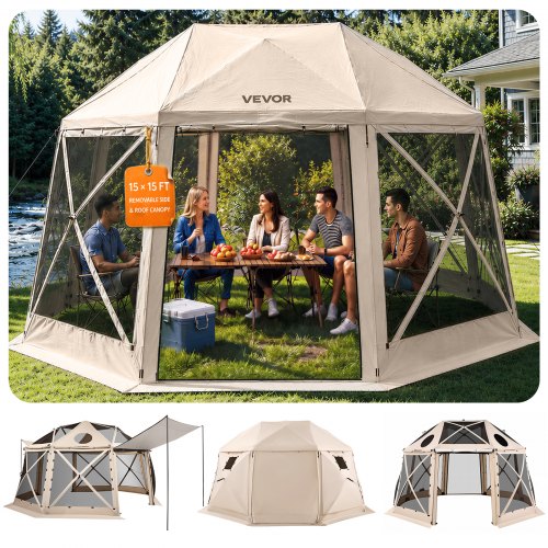VEVOR Pop-up-Pavillon, 4,57 x 4,57 m, 13-seitiges, kugelförmiges Campingzelt mit abnehmbarem Dach und Tragetasche, 360°-Belüftung, Sonnenschutz, Partyzelt für 12–15 Personen, Beige