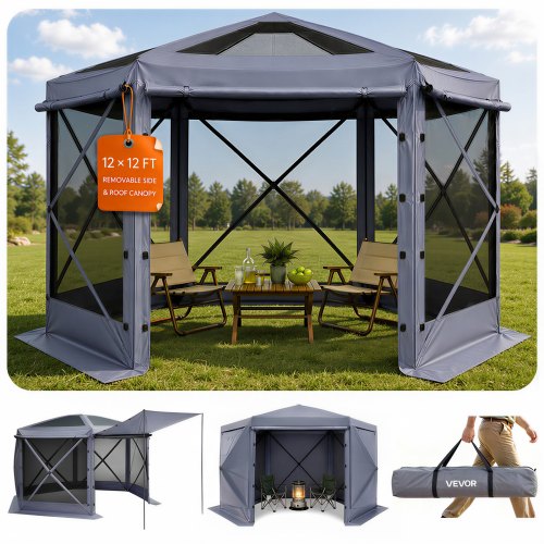 VEVOR Pop-up-Pavillon, 3,6x3,6x2,2 m, großes 6-seitiges Campingzelt mit abnehmbarem Dach & Tragetasche, Partyzelt, Sonnenschutz für 8-10 Personen, für Garten, Hof & Terrasse