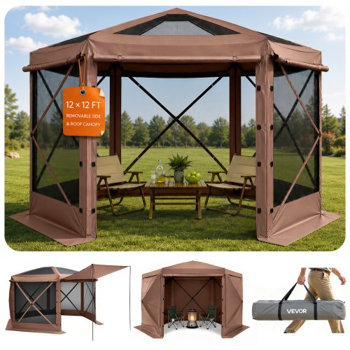 VEVOR Pop-up-Pavillon, 3,6 x 3,6 m, 6-seitiges Campingzelt mit abnehmbarem Dach & Tragetasche, Sonnenschutz für 8-10 Personen, Partyzelt für Garten und Terrasse, Braun