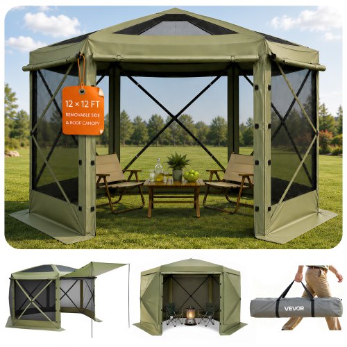 VEVOR Pop-up-Pavillon, 3,6x3,6 m, großes 6-seitiges Campingzelt mit abnehmbarem Dach & Tragetasche, Partyzelt, Sonnenschutz für 8-10 Personen, für Garten & Terrasse, Grün