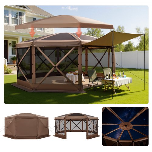 VEVOR Pop-up-Pavillon, 4,57 x 4,57 m, großes 8-seitiges Campingzelt mit abnehmbarem Dach & Tragetasche, Partyzelt, Sonnenschutz für 12–15 Personen, für Garten & Terrasse, Braun