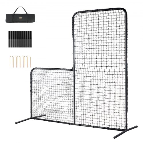 VEVOR L-Typ Baseball für Schlagkäfig, 213 x 96 x 213 cm Baseball- und Softball-Sicherheitsschirm, Tragbares Schlagnetz mit Tragetasche & Bodenpfählen, Pitching-Netz zum Schutz der Pitcher, Schwarz