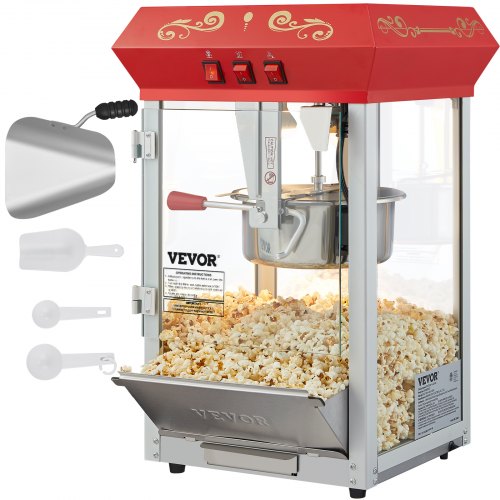 VEVOR Popcornmaschine Popcornautomat Popcorngerät 850 W, 8 oz Kessel für 48 Tassen pro Ladung, Popcornmaschine für die Arbeitsplatte mit gehärtetem Glas, inklusive 4 Schaufeln Maschine mit Kino-Stil TSBMHJ8OZ850WJWNRV2