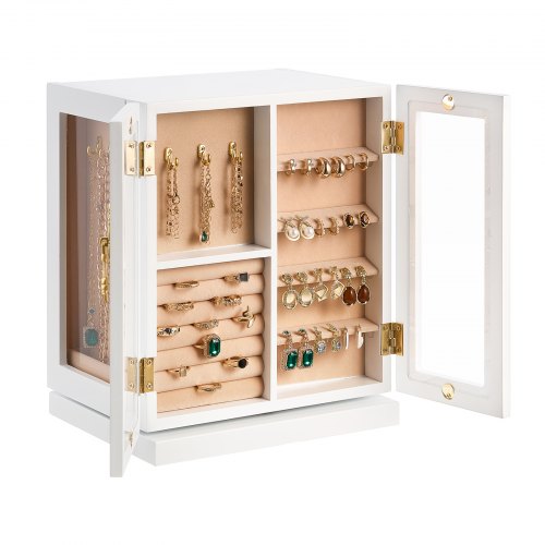 

VEVOR Schmuckkästchen 360° drehbarer Schmuckkasten mit 5 Schubladen & Acrylfenster & 4 Halskettenhaken auf jeder Seite, Aufbewahrungskoffer mit Metallgriffen, Bodenpolster & weichem Samtfutter weiß