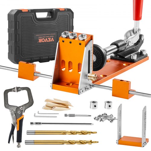 VEVOR Pocket Hole Jig Kit Dreitaschenloch mit Schraubenschlüssel & Vierkantantriebsbits, Dübelhilfe Bohrlehre zum Bohren von Taschenlöchern und Schräglöchern, Bohrhilfe für Holzbearbeitung