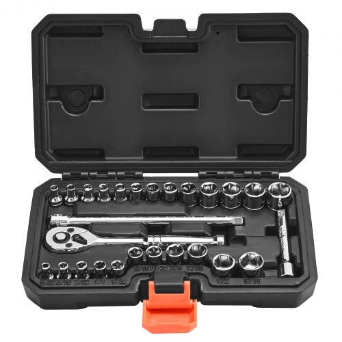 VEVOR Steckschlüsselsatz 27-tlg. 6,4 mm Antriebssteckschlüsselsatz Ratschensatz, SAE und metrisch, mit Ratschenschlüssel Verlängerungsstange Aufbewahrungskoffer, CR-V-Legierungsstahl