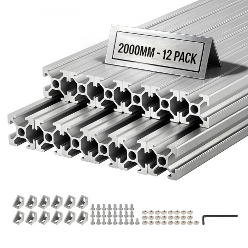 VEVOR 2020 Aluminium Profile 12 Stk. 2 m, Eloxierte T-Nut-Aluprofile nach EU-Standard, Hochfeste Strangpressprofile, Aluminiumschiene für 3D-Druckerteile, CNC-DIY-Werkbänke und Montage, Silber