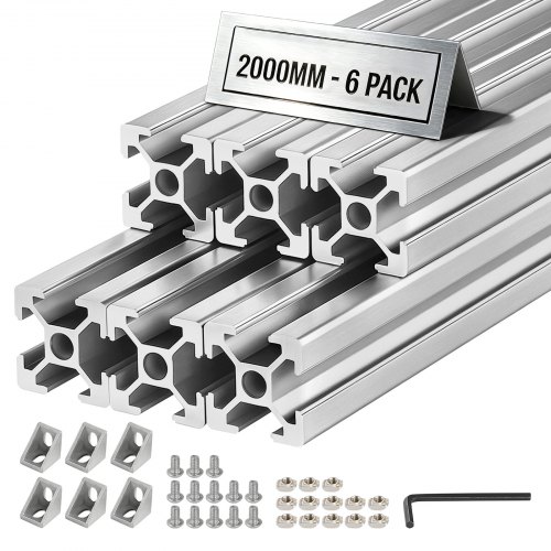 VEVOR 2020 Aluminium Profile 6 Stk. 2 m, Eloxierte T-Nut-Aluprofile nach EU-Standard, Hochfestes Strangpressprofil, Aluminiumschiene für 3D-Druckerteile, CNC-DIY-Werkbänke und Montage, Silber