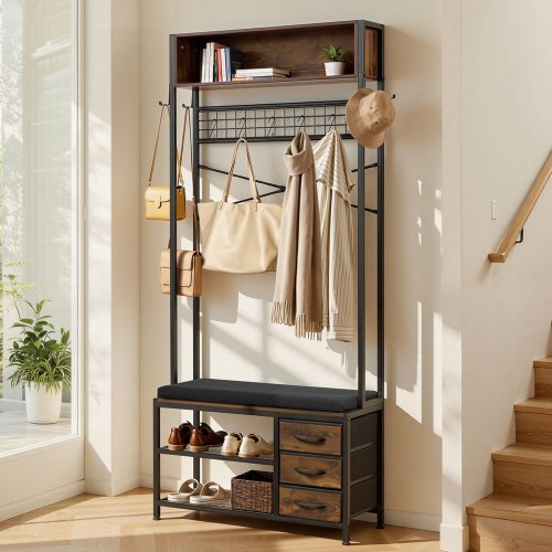 

VEVOR Flurgarderobe 80 x 30 x180 cm, Garderobenständer mit Schuhablage (2 Ebenen) & 3 Schubladen, Freistehende Garderobe mit Bücherablage & Metallgitter, Ideal für Eingangsbereich, Schlafzimmer