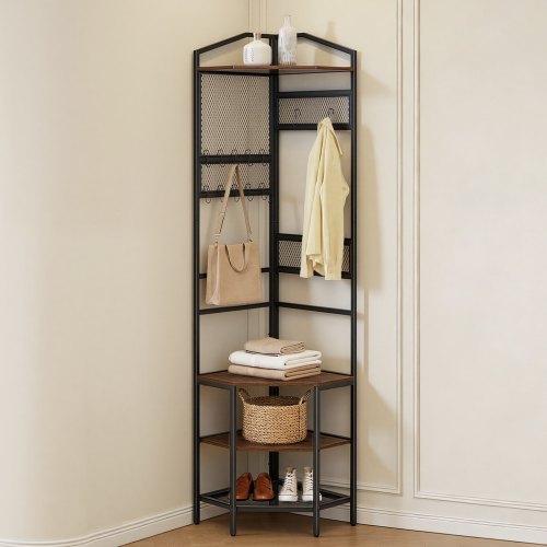 VEVOR Eckgarderobe (181 cm Hoch) mit Haken, Ablagefläche & Stahlrahmen, Garderobenständer mit Kippsicherung, Verstellbaren und Rutschfesten Füße, Garderobenregal für Eingangsbereich Büro Wohnzimmer
