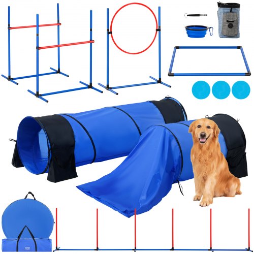 

VEVOR Agility-Trainingsgerät für Hunde, 7-teiliges Set mit verstellbaren hohen Hürden, 6 Slalomstangen, 2 Tunneln, Sprungring, Pausenbox, 3 Frisbees, Pfeife, faltbarem Napf, Hindernisparcours-Set für Welpen mit 3 Taschen