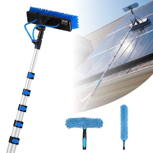 VEVOR Teleskop Waschbürste für Solarpanel, Photovoltaik Reiniger inkl. 2,3-12m Alu-Teleskop 20m Wasseranschluss 180° Bürste Abzieher Seifenspender, Reinigungsset für Solaranlage Fenster Terrassendach