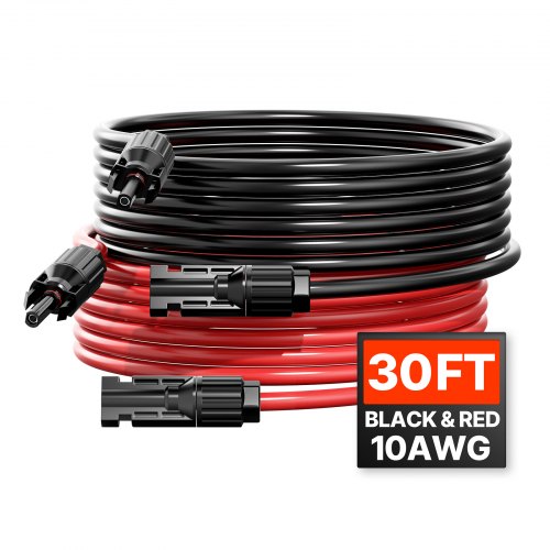 VEVOR 9,14 m Solarkabel, Verlängerungskabel 2er-Set, 6mm²/10AWG Kabel mit wasserdichten Buchsen- & Steckeranschlüssen, PV-Kabel für Solarpanele zu Hause, auf Schiffen & in Wohnmobilen, Schwarz + Rot