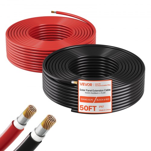 VEVOR Solarkabelverlängerung, 15,2 m Schwarz & 15,2 m Rot, 10 AWG Solarverlängerungskabel, Verzinntes Kupferkabel für Netzunabhängige Photovoltaikanlagen an Haus, Fahrzeugen, RV, Booten, IP67