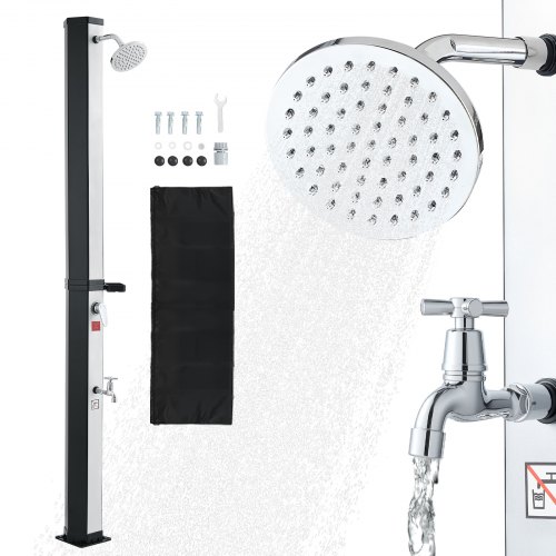 VEVOR Solardusche 35 L, Gartendusche 2160 mm, Außendusche mit Fußarmatur & Seifenablage, Warm- & Kaltwasserregulierung, max. 60°C, Campingdusche für Garten, Poolbereich, Strandpool, Schwarz/Silber