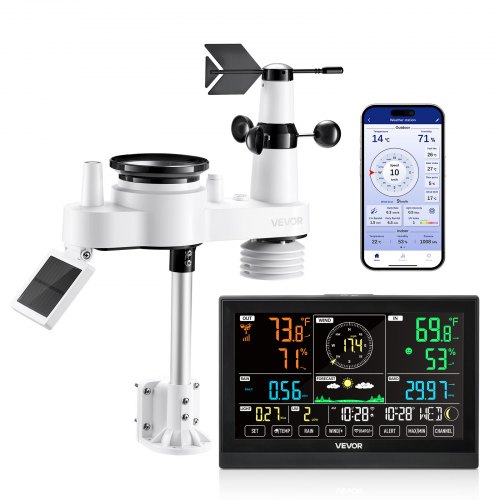 VEVOR 7-in-1 WLAN-Wetterstation mit APP, 7,5-Zoll-VA-Display, solarbetriebener Außensensor, Wettercenter zur Wettervorhersage, Windgeschwindigkeit, Temperatur, Luftfeuchtigkeit, Niederschlag