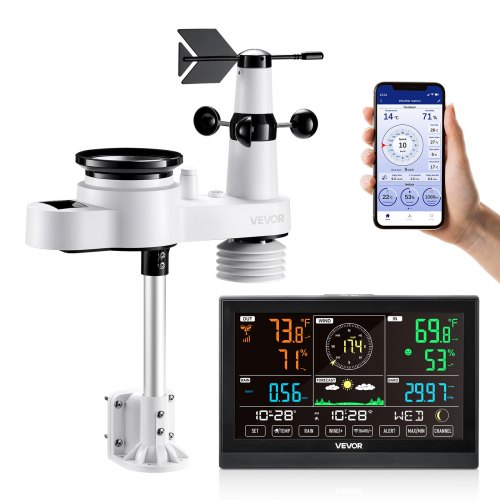VEVOR 5-in-1-WLAN-Wetterstation, 7,5-Zoll-VA-Display, solarbetriebener Außensensor, Wettercenter zur Wettervorhersage, Windgeschwindigkeit, Windrichtung, Temperatur, Luftfeuchtigkeit, Niederschlag