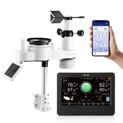 VEVOR 7-in-1 WLAN-Wetterstation, 7-Zoll-TFT-Display, solarbetriebener Außensensor, Wettercenter zur Wettervorhersage, Windgeschwindigkeit, Windrichtung, Temperatur, Luftfeuchtigkeit, Niederschlag