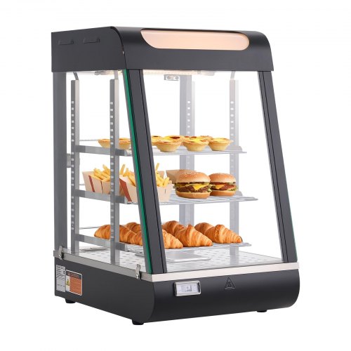 VEVOR 3-laags verwarmde vitrine 57 liter, 800 W, verwarmde vitrine 30–85 °C, voedselwarmer met LED-verlichting en verstelbare schappen, vitrine voor hamburgers, pizza, brood, gebraden kip