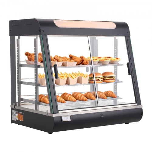 VEVOR 3-laags verwarmde vitrinekast 100 liter, 1200 W, verwarmde vitrinekast 30–85 °C, voedselwarmer met LED-verlichting en verstelbare schappen, voedselvitrinekast voor hamburgers, pizza, brood, gebraden kip