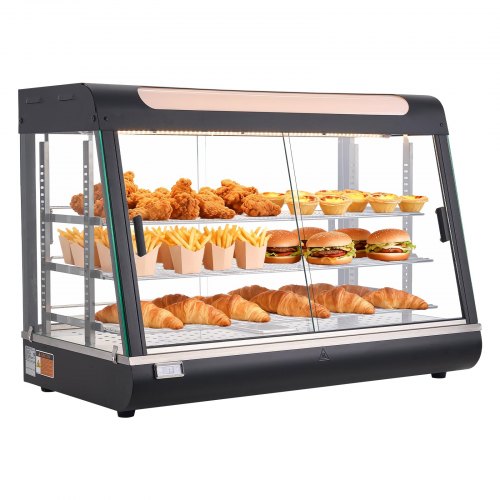 VEVOR 3-laags verwarmde vitrinekast 130 liter, 1400 W, verwarmde vitrinekast 30–85 °C, voedselwarmer met LED-verlichting en verstelbare schappen, voedselvitrinekast voor hamburgers, pizza, brood, gebraden kip