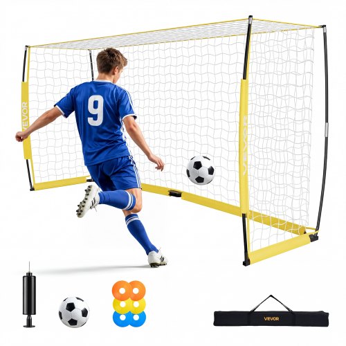 VEVOR Fußballtor 3,6 x 1,8 m Klappbares Soccertor mit Fiberglasrahmen Gelb，für Fußballplätze Parks und Schulen, Polyesternetz bis 113 km/h, Bodenanker, Metallsockel und Oxford-Aufbewahrungstasche