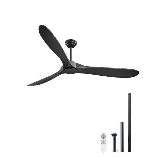 

VEVOR 180 cm Deckenventilator ohne Beleuchtung, 6-Gang-Fernbedienung, 3 Holzflügel, umkehrbarer Gleichstrommotor, Außenventilator für Schlafzimmer, Wohnzimmer, Terrasse, Innen-/Außenbereich, schwarz