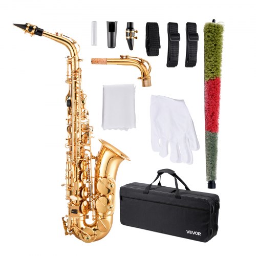 

VEVOR Altsaxophon, E-Dur, Messingsaxophon-Anfängerset mit Tragetasche, Mundstück, Gurten, Reinigungstuch, Handschuhen, Fett, Umhängeband, 23 Tasten Altsaxophon-Set, für Anfänger & Schüler, Gold