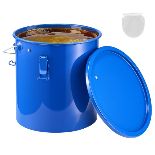 VEVOR Fryer Grease Bucket, 22.7L Oil Disposal Caddy Carbon Steel Fryer Oil Bucket with Rust-Proof Coating, Oil Transport Container with Lid, Lock Clips, Filter Bag for Hot Cooking Oil Filtering, Blue
