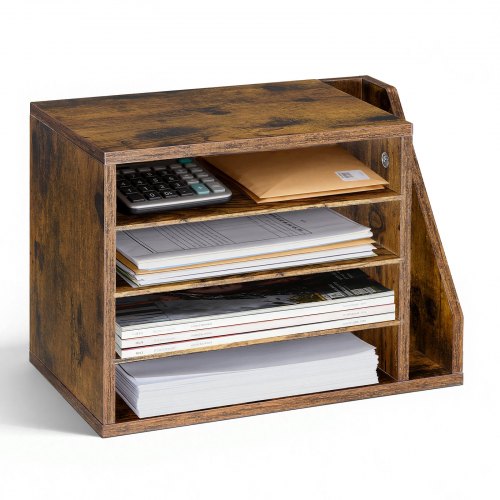 

VEVOR Briefablage mit 4 Fächern & Herausnehmbaren Regalböden, Dokumentenablage aus Holz mit Stehsammler, Aktenhalter für Büro Klassenzimmer, Literaturorganizer für Akten Dokumenten Papier, Braun