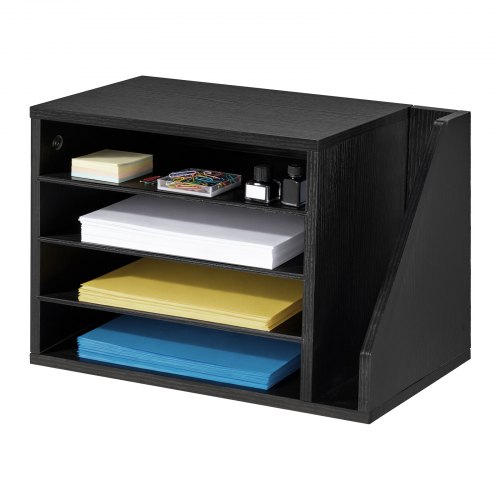 VEVOR Briefablage mit 4 Fächern & Herausnehmbaren Regalböden, Dokumentenablage aus Holz mit Stehsammler, Aktenhalter für Büro Klassenzimmer, Literaturorganizer für Akten Dokumenten Papier, Schwarz