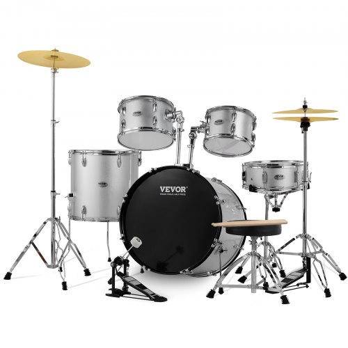 VEVOR Schlagzeug, 5-teilig, Drum in voller Größe mit Bass-/Tom-Drums, Snare, Standtrommel, verstellbaren Thronständern, Becken, Hi-Hat-Pedal und Drumsticks, Anfänger-Schlagzeug, Silber WJTJZG5JT22YET4DWV0
