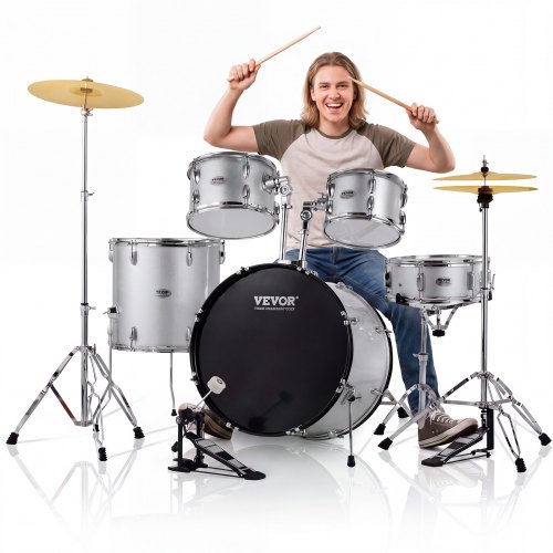 VEVOR Schlagzeug, 5-teilig, Drum in voller Größe mit Bass-/Tom-Drums, Snare, Standtrommel, verstellbaren Thronständern, Becken, Hi-Hat-Pedal und Drumsticks, Anfänger-Schlagzeug, Silber