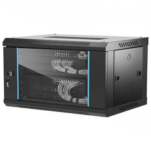 VEVOR 6U Netzwerk-Serverschrank zur Wandmontage, 14,8'' tief, Server-Rack-Schrankgehäuse, max. 200 lbs. Bodenmontierte Ladekapazität, mit abschließbaren Glastür-Seitenwänden, für IT-Geräte, A/V-Geräte