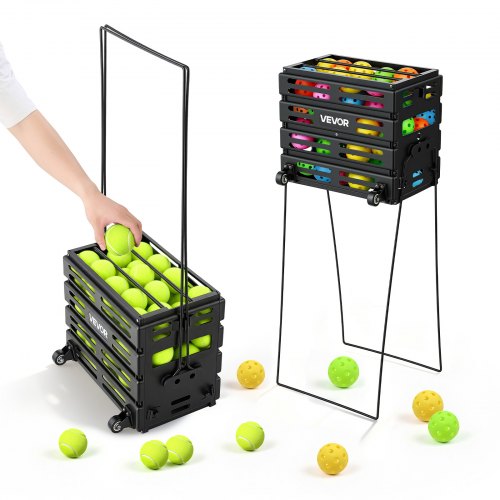 VEVOR Tennisballkorb mit Rollen, Tennisballsammler mit Rahmen aus Kohlenstoffstahl & Kunststoffkorb, Sammelkorb für 80 Tennisbälle, Tragbarer Tennisballwagen für Training Ballsammeln Verein, Schwarz