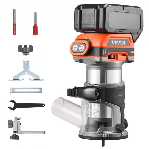 VEVOR Akku-Kantenfräse, Bürstenloser Motor, Kompakte Oberfräse mit Variabler Drehzahl & Fester Basis, 6,35 mm Spannzange, Einhandfräse  für die Holzbearbeitung, 18V, Li-Ion (Lieferung ohne Akku)