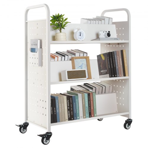 

VEVOR Bücherwagen, 150kg Tragkraft, Bibliothekswagen, 97x51,5x122,5cm, Doppelseitiges W-förmiges Bücherregal mit Doppelbremsrollen, Bücherregalwagen für Wohnzimmer, Büro, Schule, Weiß