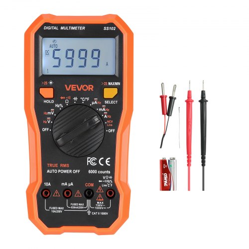 VEVOR Digitalmultimeter, 6000-Count TRMS DC/AC Voltmeter Stromtester, NCV-Multimeter für Strom, Spannung, Widerstand, Tastverhältnis, Temperatur, Dioden, Kontinuitätstest mit stromführendem Draht