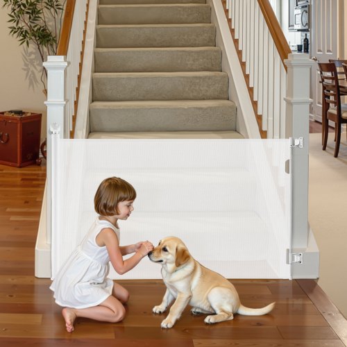 VEVOR Einziehbares Babygitter Hundegitter ausziehbar auf 143 Breite / 795 mm Höhe, Treppenschutzgitter mit Sicherheitsschloss, Schutzgitter aus Netzgewebe für Treppen Flure drinnen/draußen, Weiß
