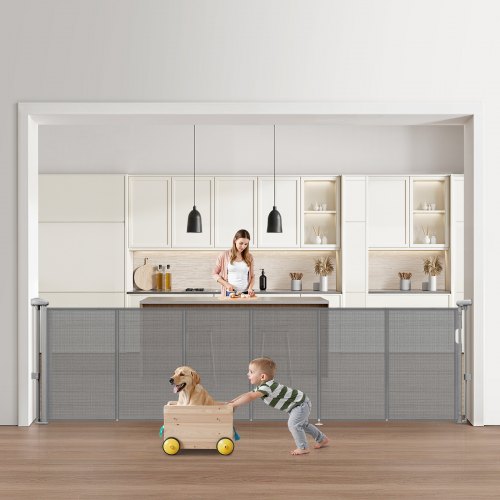 VEVOR einziehbares Babygitter Hundegitter ausziehbar auf 280 cm Breite / 87 cm Höhe, Haustiergitter Schutzgitter aus Netzmaterial für Innentreppen Türen Flure Spielzimmer, Treppenschutzgitter Grau
