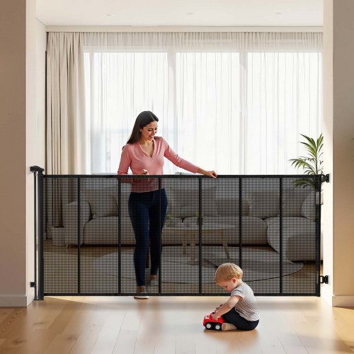 

VEVOR einziehbares Babygitter Hundegitter ausziehbar auf 305 cm Breite / 98 cm Höhe, Haustiergitter mit verstärkten Fiberglasstreifen, Schutzgitter aus Netzgewebe für Terrassen Türen Garagen