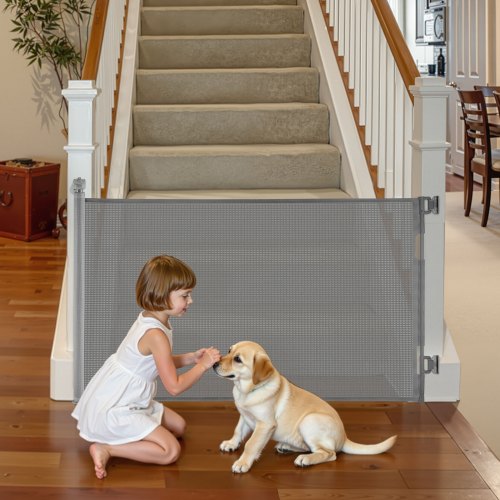 

VEVOR Einziehbares Babygitter Hundegitter ausziehbar auf 145 cm Breite / 98 cm Höhe, Treppenschutzgitter mit Sicherheitsschloss, Schutzgitter aus Netzgewebe für Treppen Flure drinnen/draußen, grau